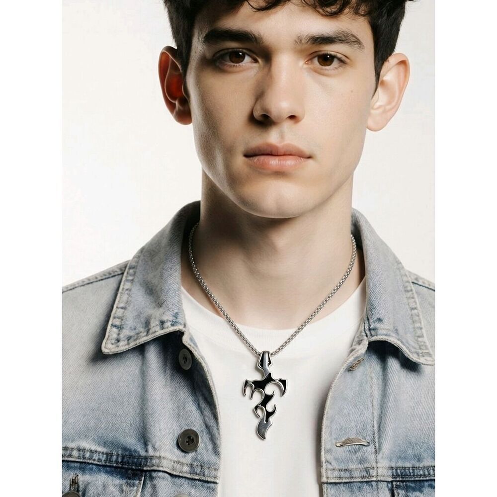 Men’s Fire Flame Cross Pendant Necklace Silver Stainless Steel Black Enamel Punk